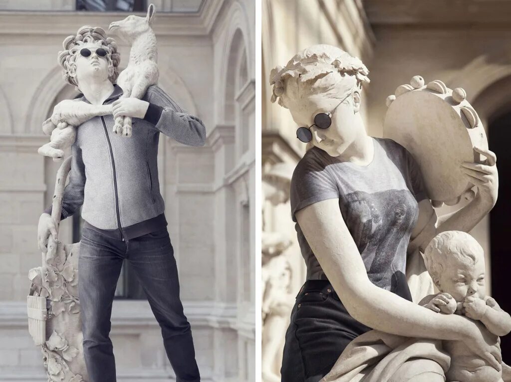 Со статуей. Французский фотограф Лео Кайяр (Leo Caillard. Модная скульптура. Современная скульптура. Античные скульптуры в современной одежде.