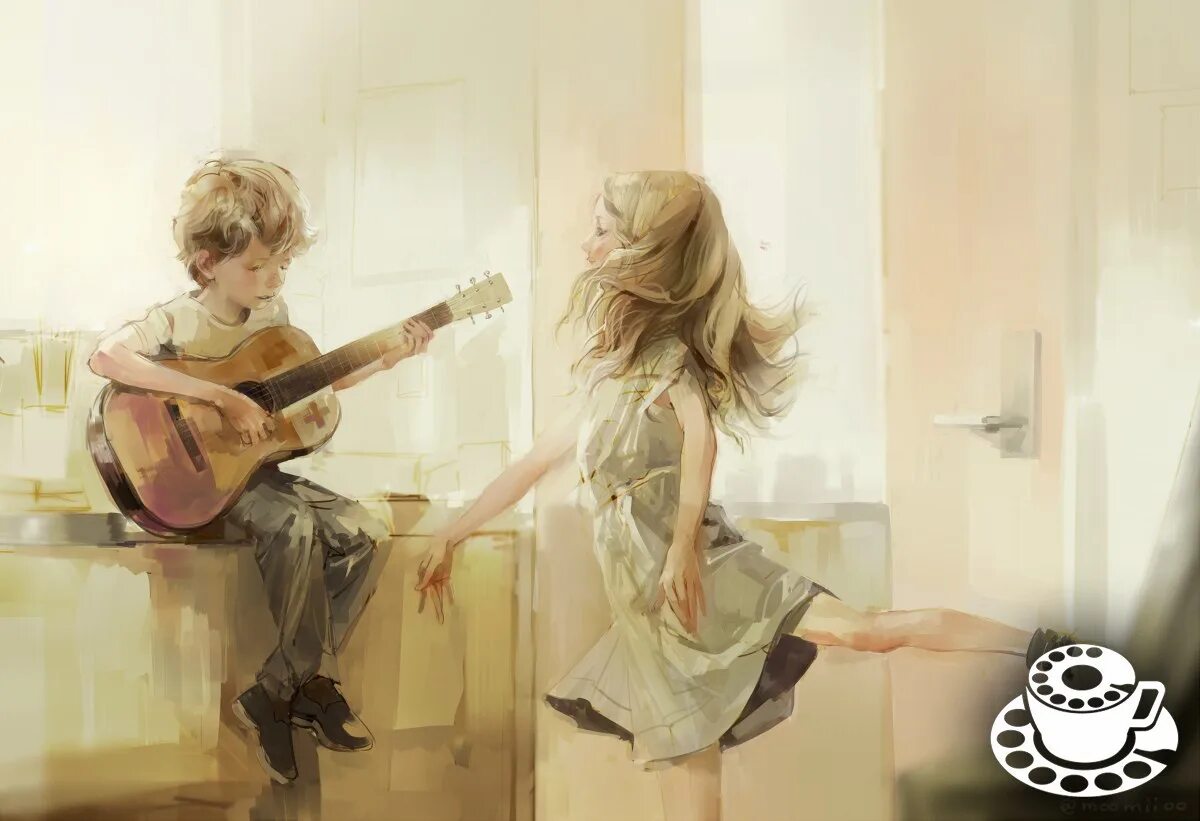 Мальчик и девочка с гитарой. Девушка с гитарой картина. Мальчик и девочка живопись. Картины с детьми. Песня здесь танцует