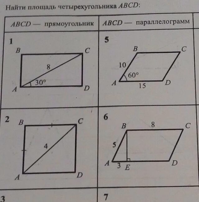 Формулы вычисления площадей четырехугольников