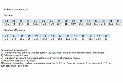 Размерная сетка обуви куома