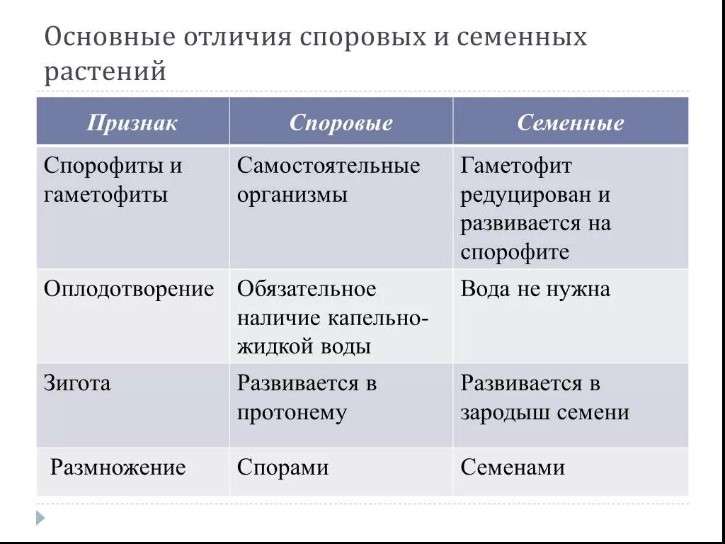 Отличие семенных растений от споровых. Строение и размножение споровых и семенных. Высшие растения споровые и семенные таблица. Признаки семенных растений. Характеристика споры и семени