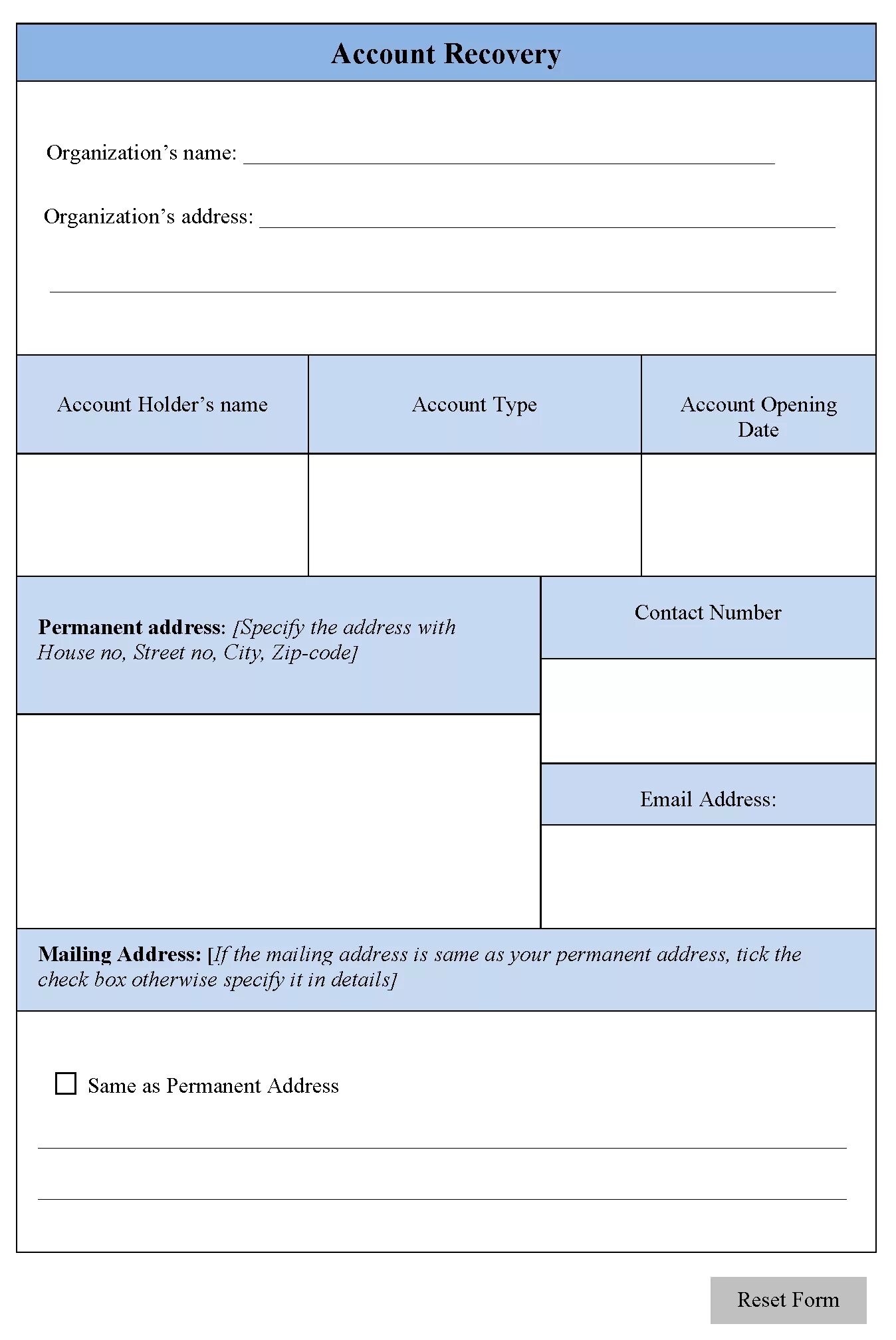 Account recovery code. Account recovery. account edit form. account holder name.
