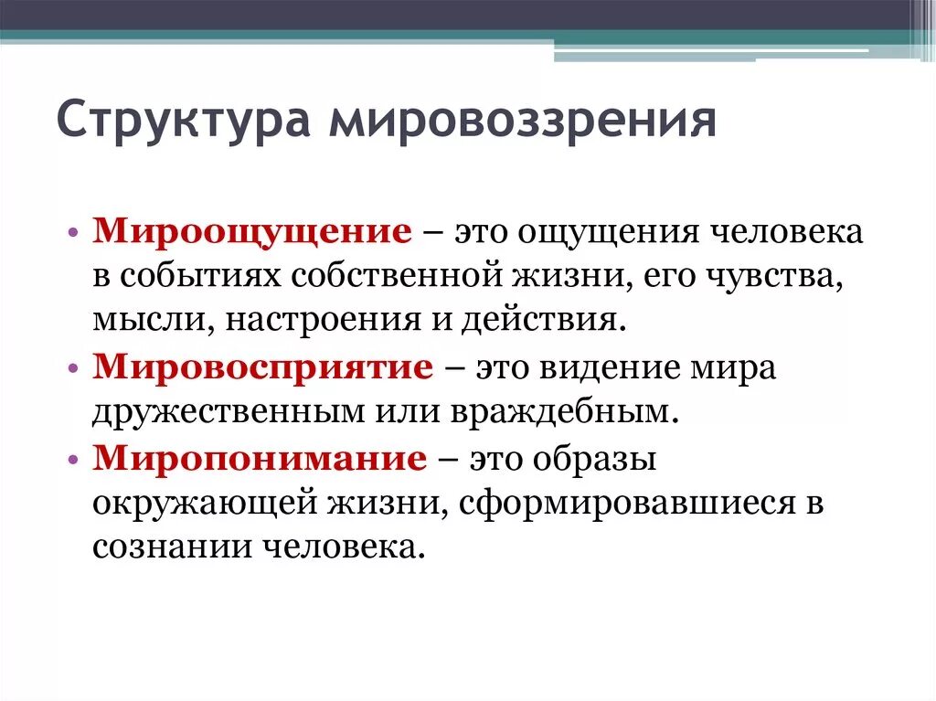 Анализ слова мировоззрение. Формы мировоззрения мироощущение. Мироощущение мировосприятие миропонимание. Структура мировоззрения. Мировоззрение и его структура.