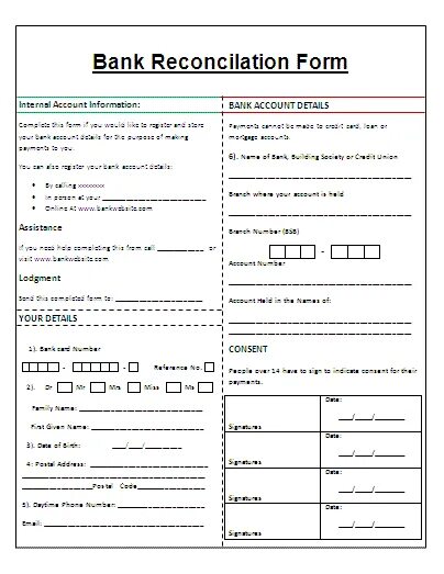 Forms bank. Bank reconciliation. reconciliation form. бланк reconciliation statement. format bank.