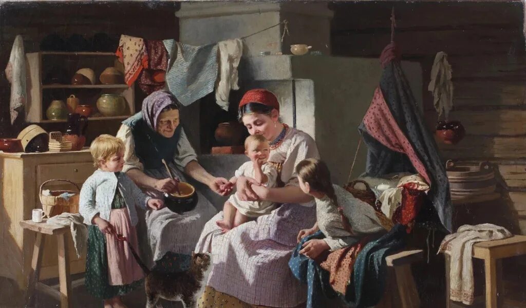 Традиции с давних времен. «Семья на Баррикадах» (1848).Крестьянская семья живопись застолье.