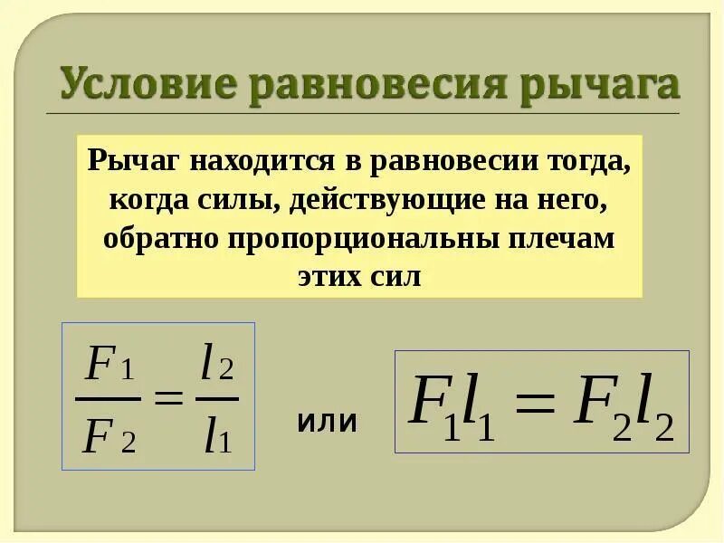 Запишите правило равновесия рычага и его формулу