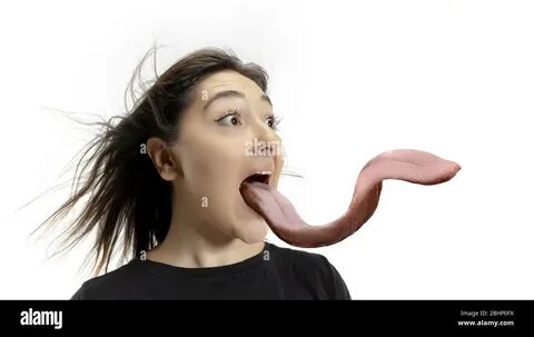 Smiling girl opening her mouth and showing the long big giant tongue isolat...