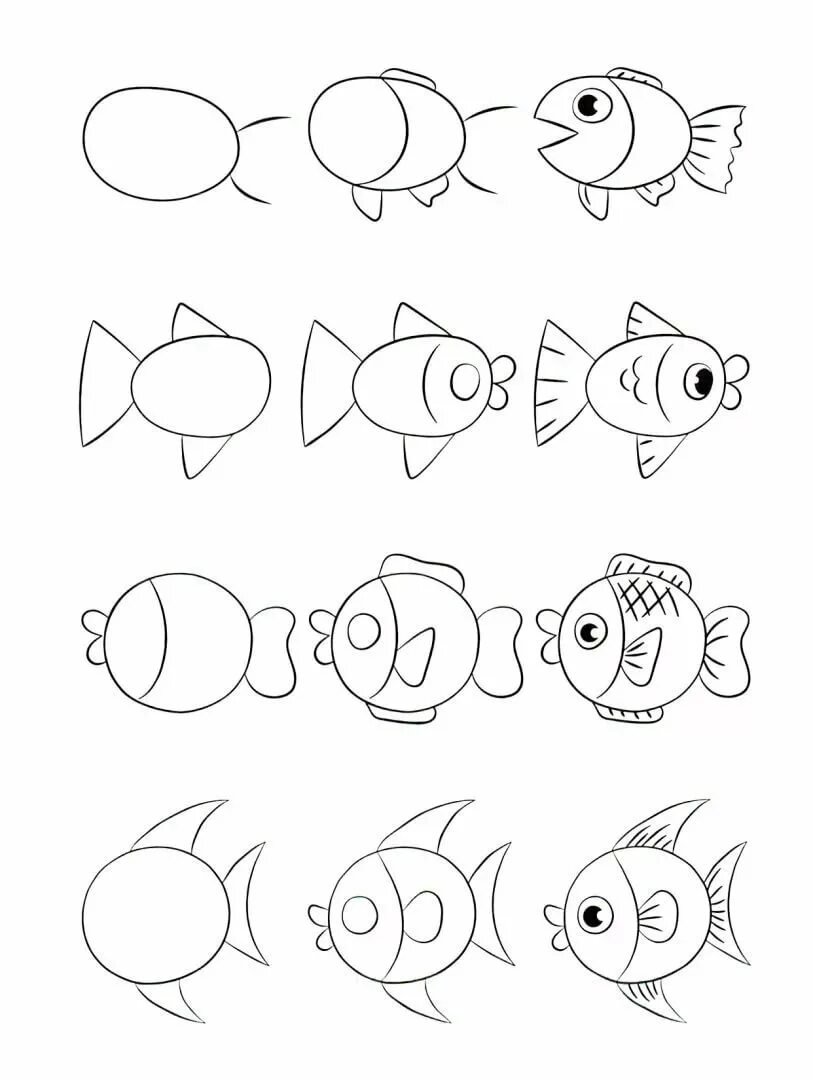 Нарисовать детские рисунки легко. Простые пошаговые рисунки. Поэтапное рисование рыбки. Простые пошаговые рисунки для детей. Рисунок рыбы для срисовки.