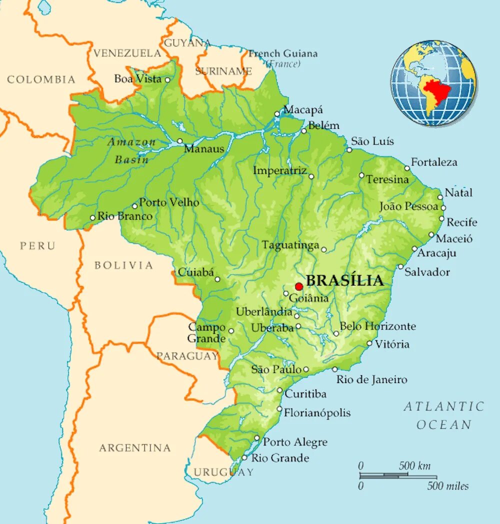 Карта Бразилии географическая. Столица Бразилии на карте Бразилии. Столица бразилии на политической карте