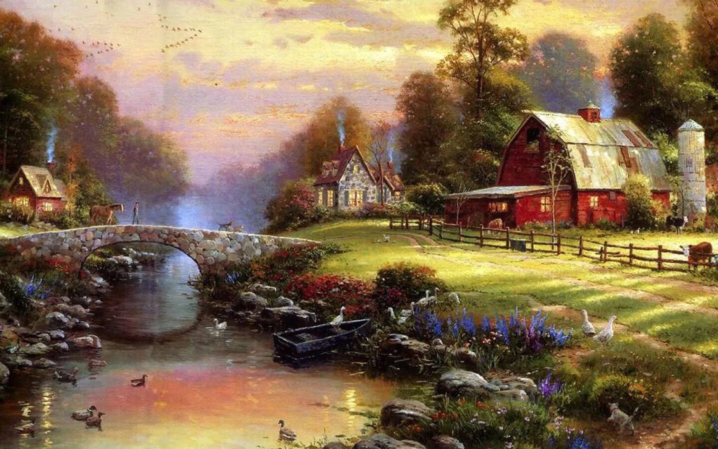 Обои картины. Томас Кинкаде художник. Картины пейзажи Томас Кинкейд. Томас Кинкейд дом река. Картины домики Томаса Кинкейда.