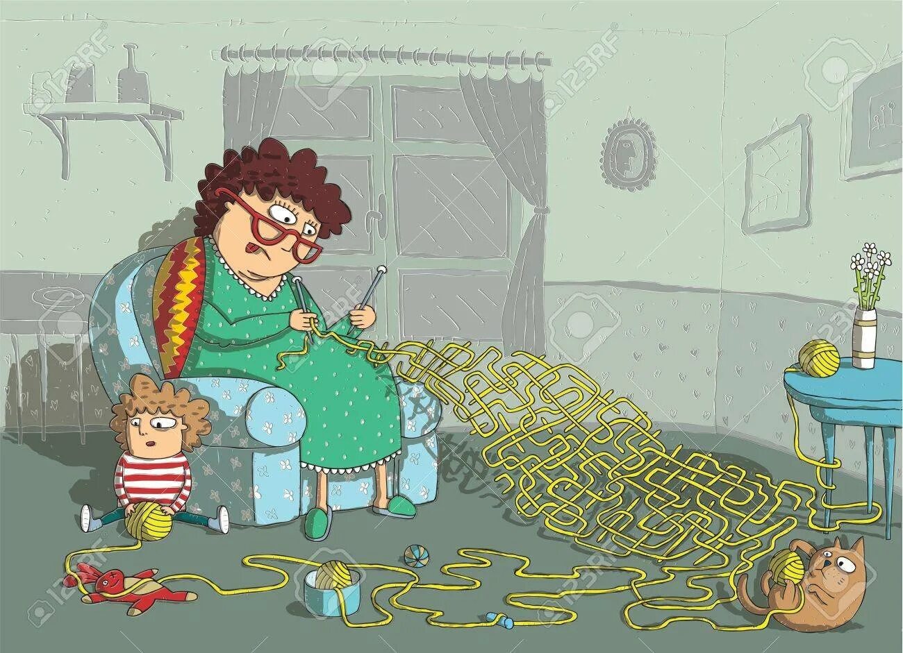 Карикатуры на вязальщиц. Клубок бабушка и кошка. Иллюстрации вязальщица. Бабушка вяжет иллюстрация.