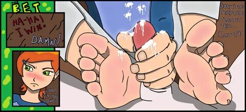 gwen tennyson, ben 10, text, 1boy, 1girls, barefoot, bet, blush, cum, cum o...