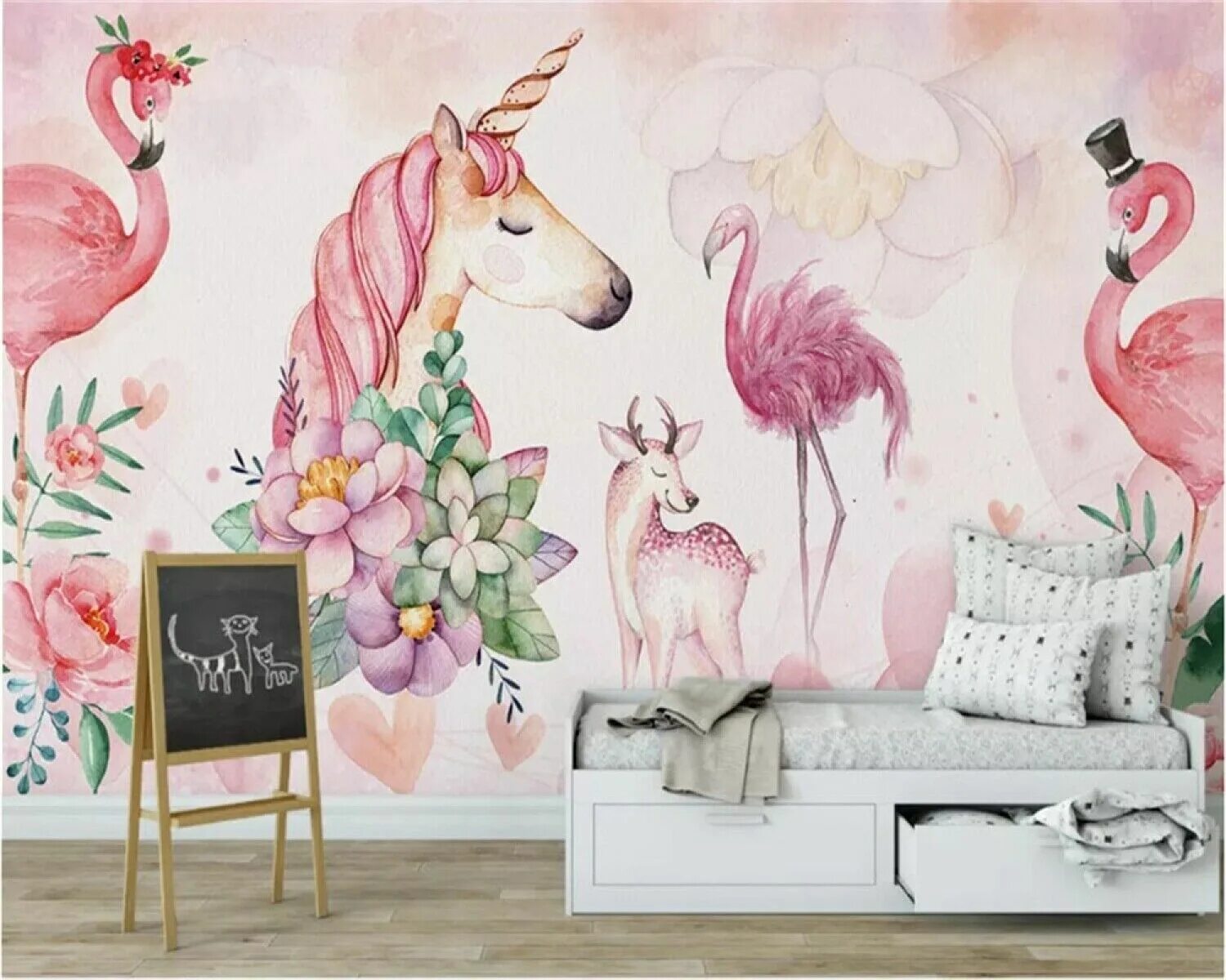 Детская мебель с фламинго. Фреска с фламинго в детскую. Комната для девочки с фламинго. Интерьер комнаты с фламинго. Детские фотообои для девочек.