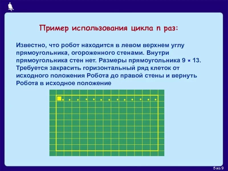 Робот в прямоугольнике огороженного стенами. Длину внутри прямоугольника. Робот: циклы n раз. Робот в левом Верхнем углу прямоугольника.