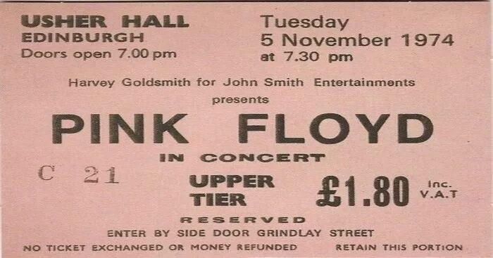 Concert ticket. Rare Collectible Concert tickets. 1974: Pink Floyd released “us and them” backed with “time”. All the concert tickets already