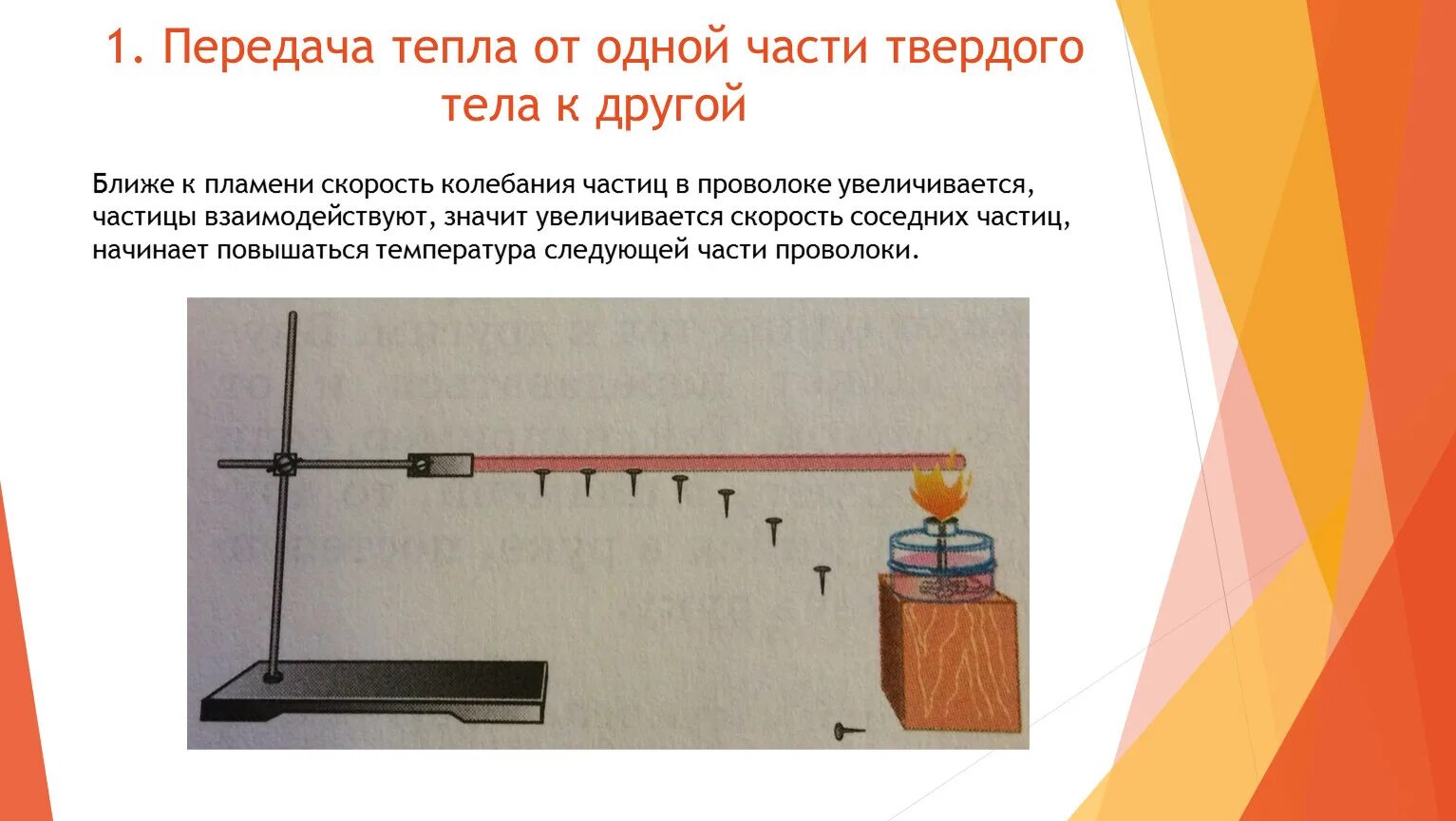 На рисунке изображена установка для изучения теплообмена. Передача тепла. Передача тепла от одной части твердого тела к другой. Теплопроводность металлов опыт. Теплопроводность твердых тел.