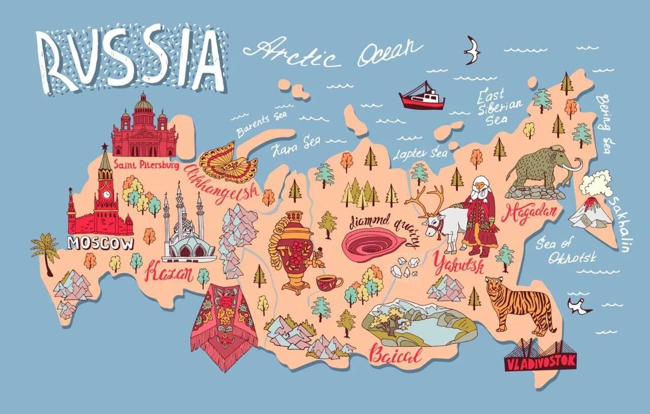 Карта с изображением. Карта России с достопримечательностями. Карта Росси с допримечательностями. Иллюстрированная карта России. Карта России с сувенирами.
