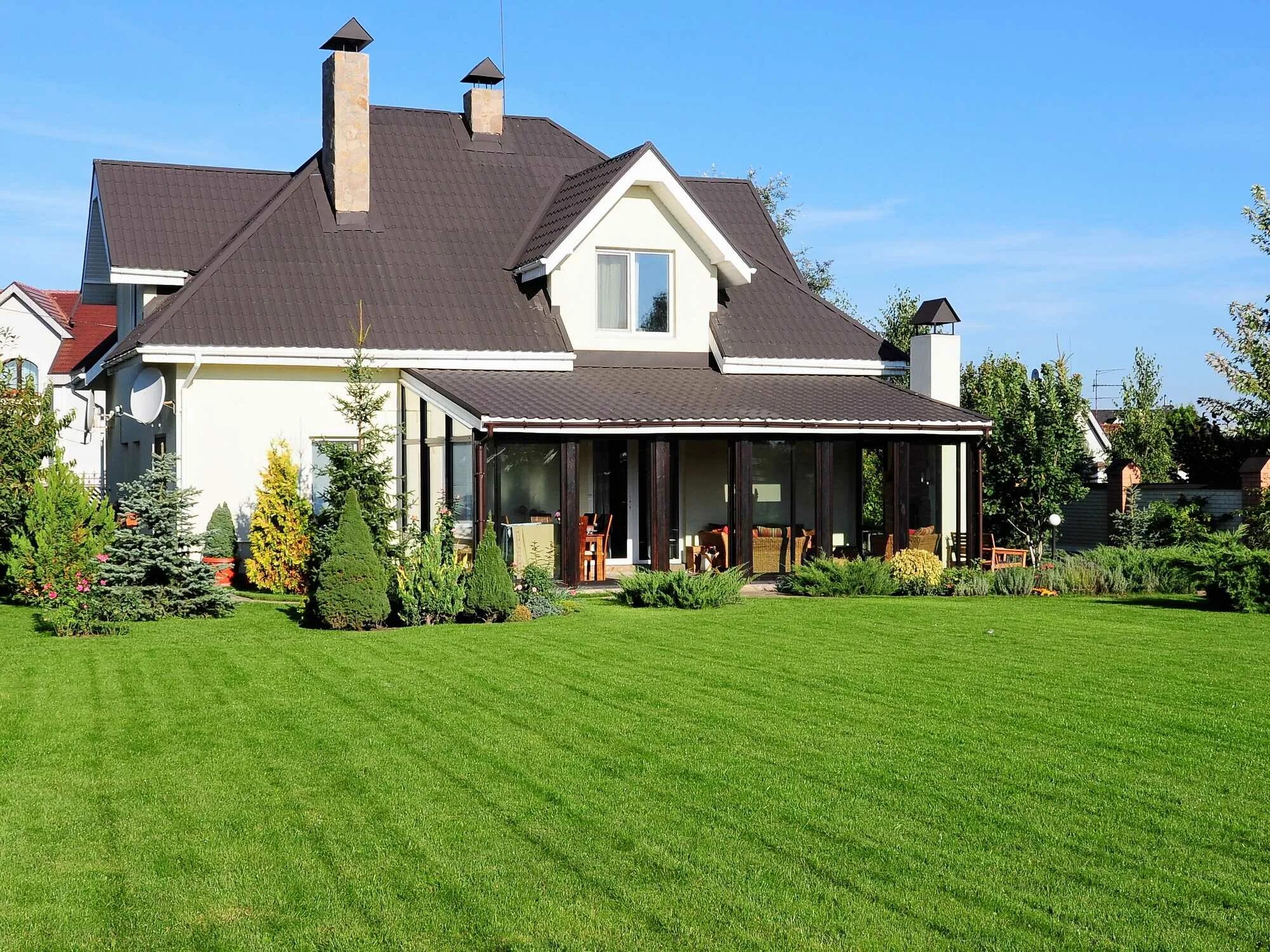 Загородный дом лужайка. Загородный дом с газоном. Красивый дом с участком. Красивый дом с газоном.