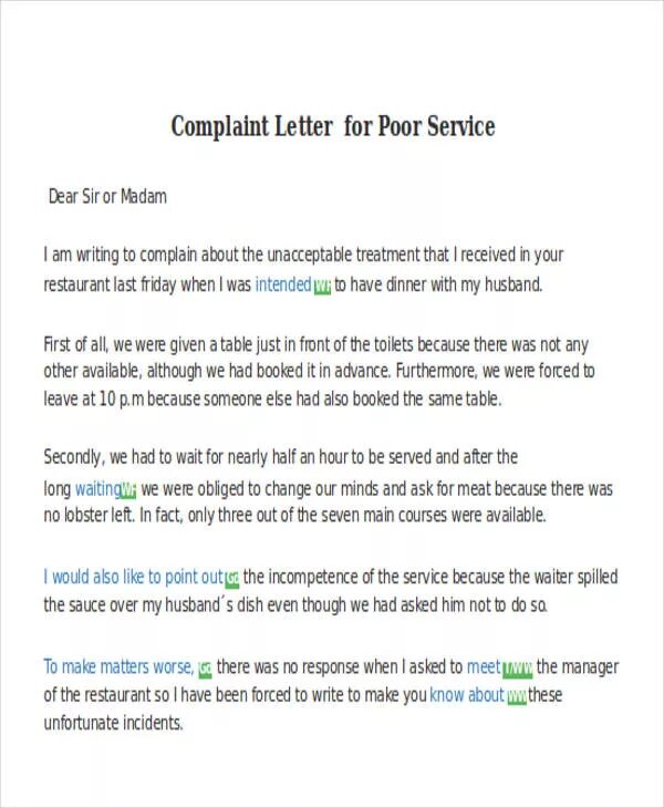 Complaint Letter service. Letter of complaint. Complaint Letter for Restaurant. The Letter of complaint about service.