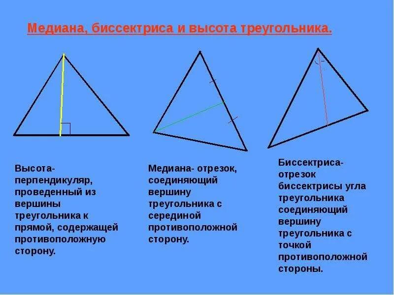 Вершины медианы биссектрисы. Медиана биссектриса и высота треугольника 7 класс. Что такое Медиана биссектриса и высота треугольника 7 класс геометрия. Определение Медианы биссектрисы и высоты треугольника 7 класс. Биссектриса Медиана высота.