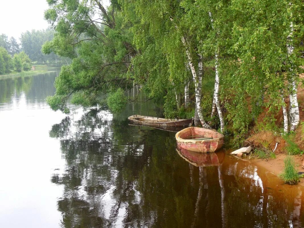 Река берёзка лавочка. Лодка на реке. Береза у пруда. Пейзаж береза лодка и река. Березовая лодка