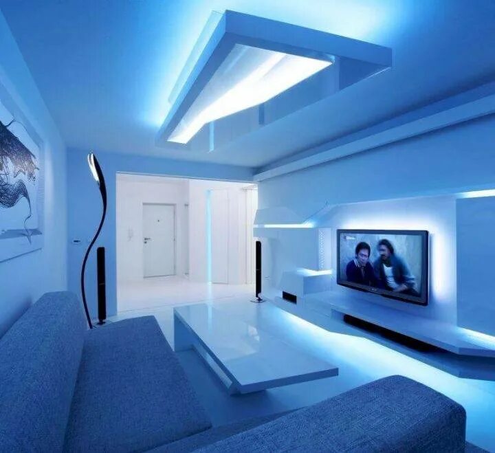 Диодное освещение. Светодиодная лента в интерьере. Комната с подсветкой. Потолок с неоновой подсветкой. Комната со светодиодной подсветкой.
