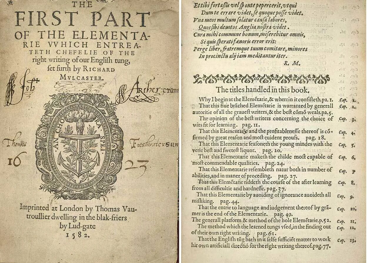 First dictionary was. Ричард мулкастер. richard mulcaster elementary. the first part of elementary ричард мулькастер. малкастер книга.