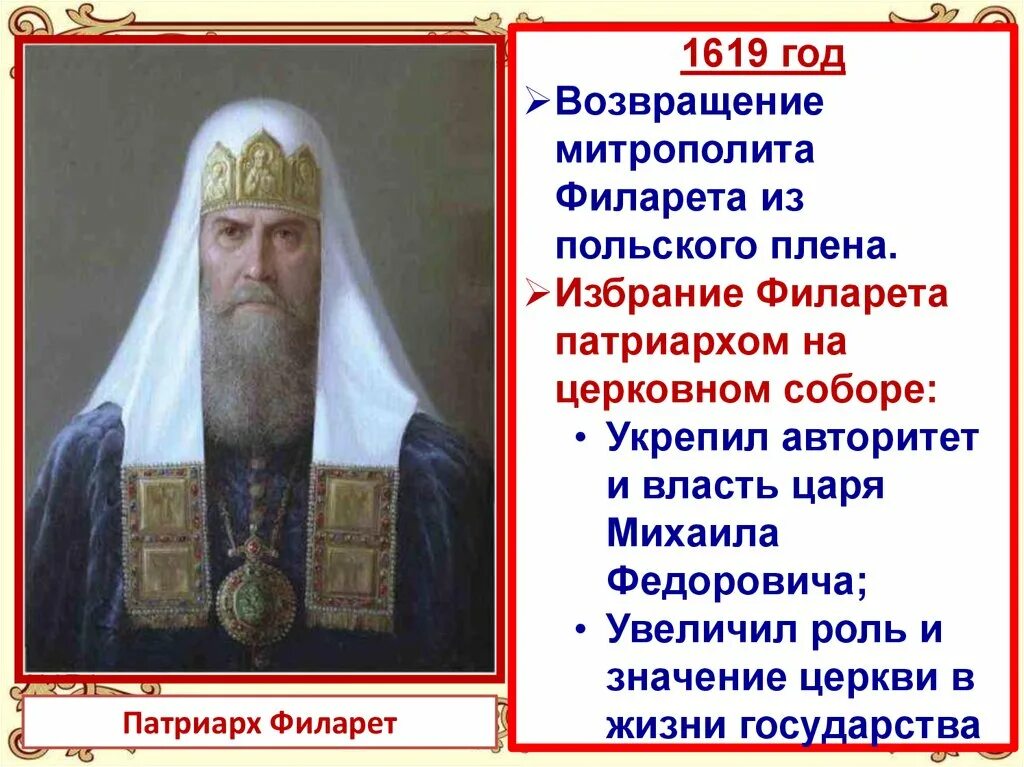 В каком году был избран филарет. Патриарх филарет 1619-1633. патриарх филарет (соправитель). филарет патриарх московский деятельность.