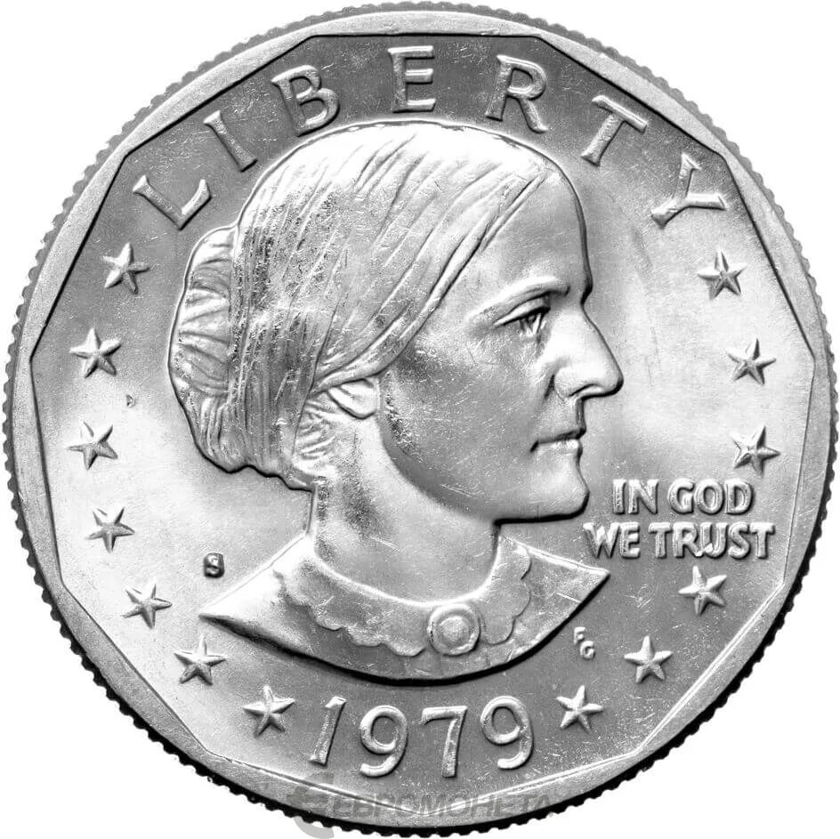 1 Доллар 1979 Сьюзен Энтони p. 1 Доллар США 1979. США доллар Сьюзен Энтони. One Dollar 1979 года монета. Купить монеты доллары сша