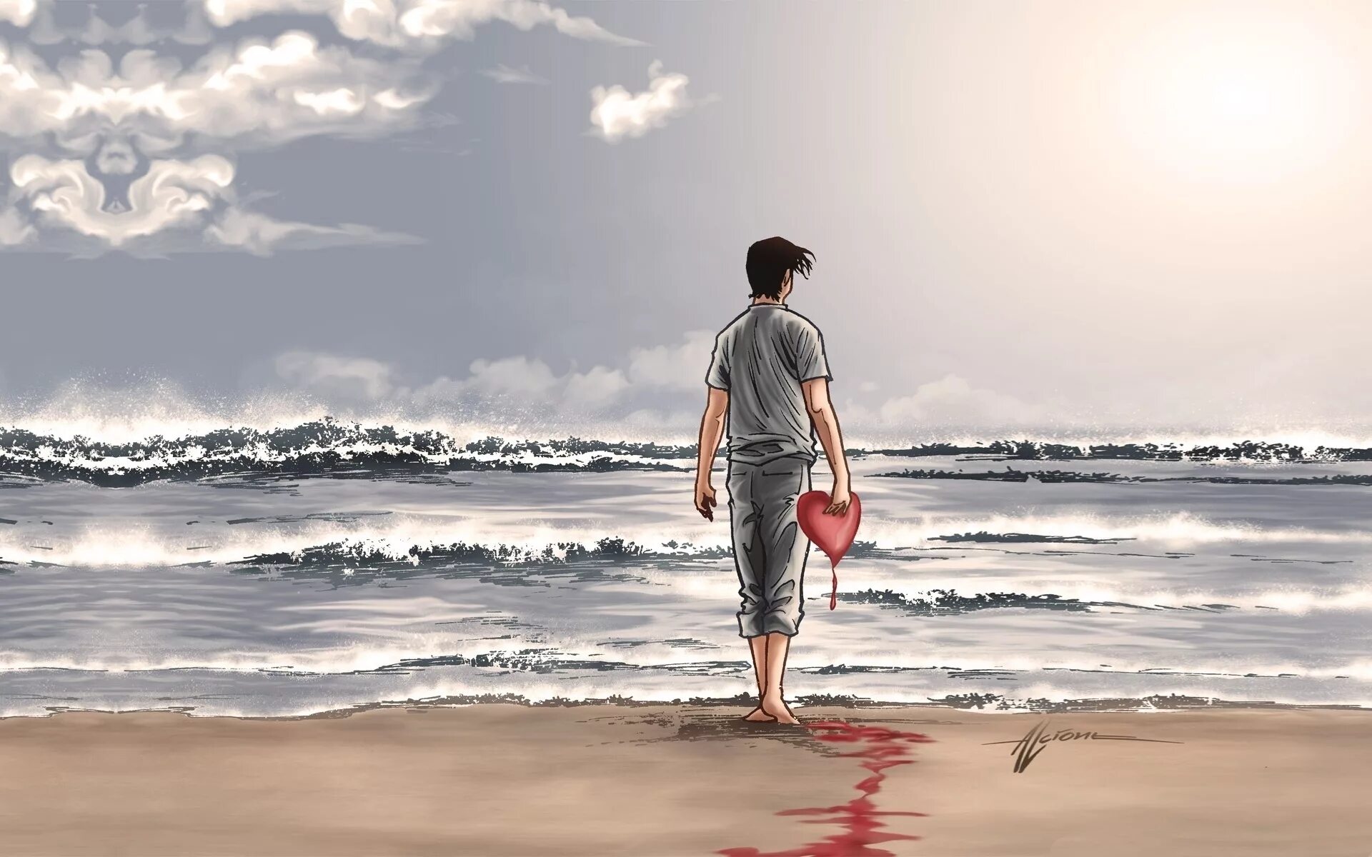 Никогда не теряй своей мечты. Люди на море. Парень с сердцем. Одинокий человек на берегу моря. Человек с разбитым сердцем.