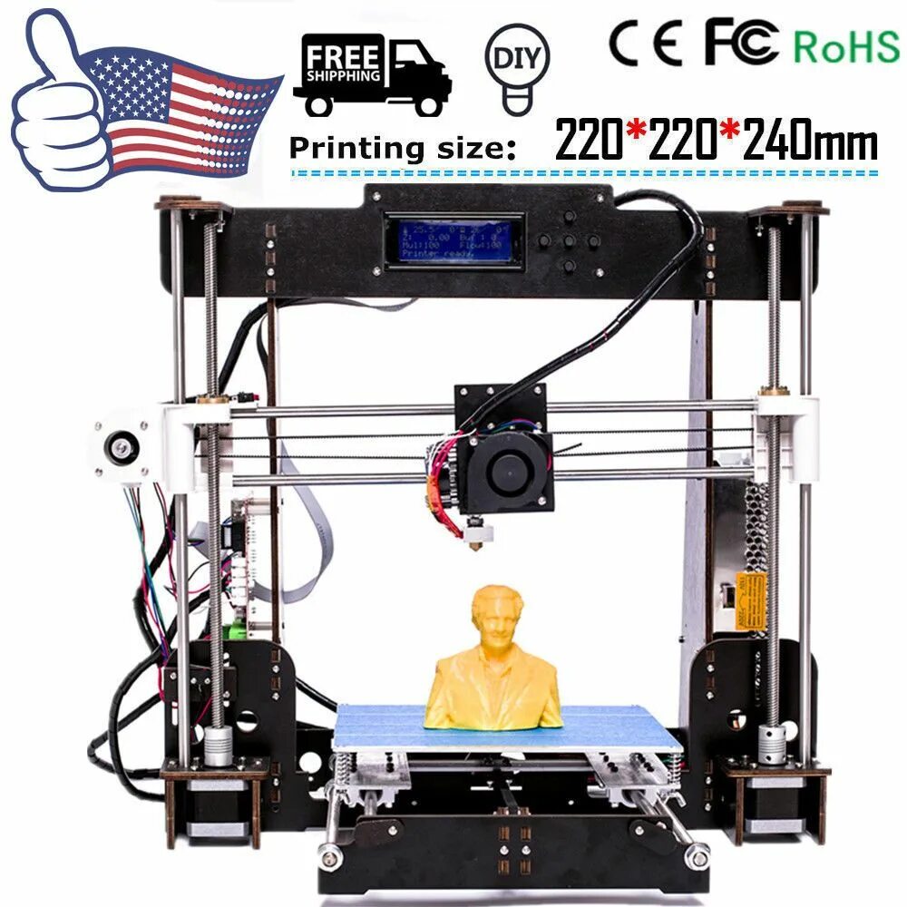 US Upgraded A8 Desktop 3D Printer DIY Kit - LCD2004 MK8 Extruder 220x220x240mm 3