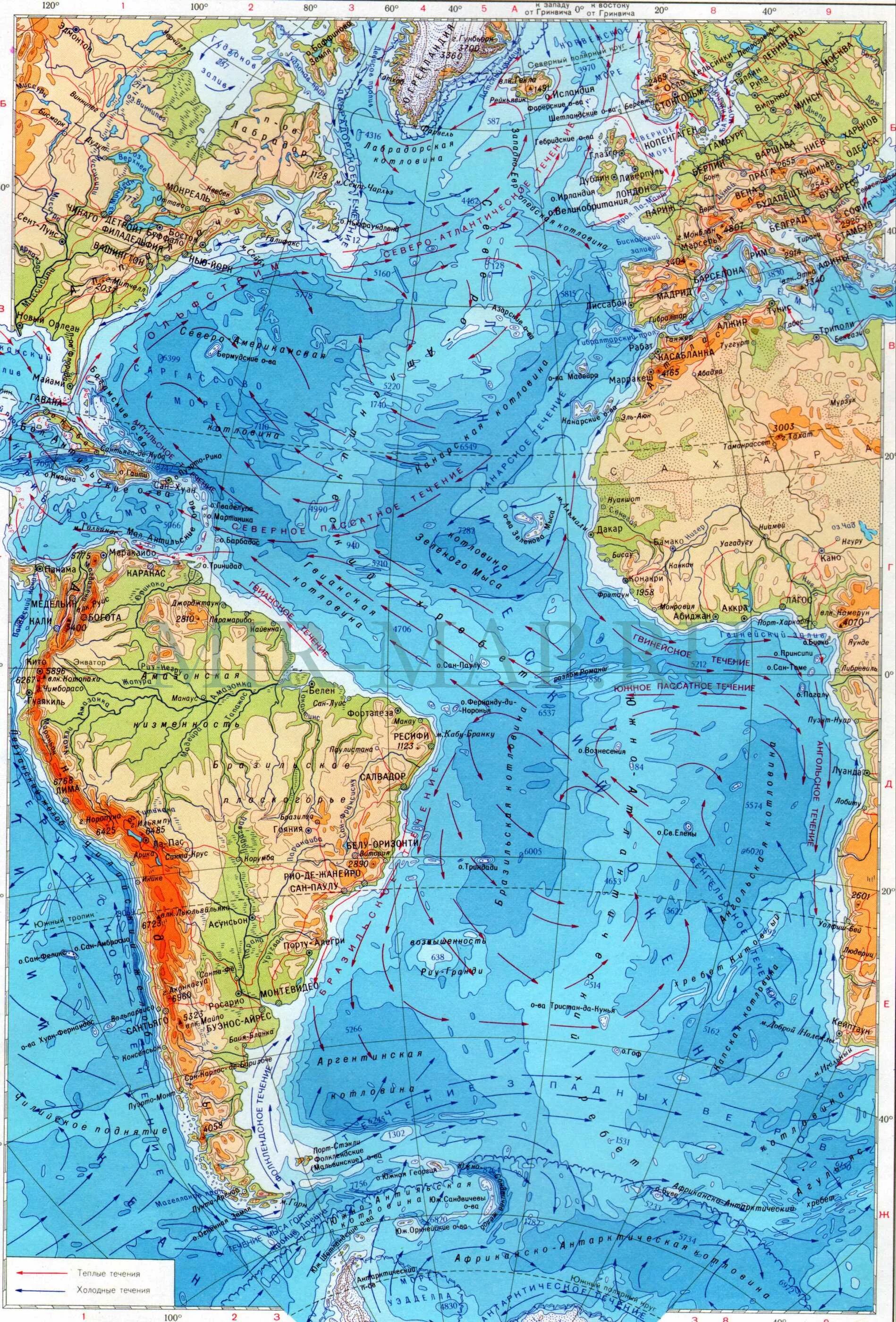 Атлантический океан находится между. Атлантический океан на карте. Северная Атлантика физическая карта. Физическая карта Атлантического океана подробная. Карта Атлантического океана подробная.