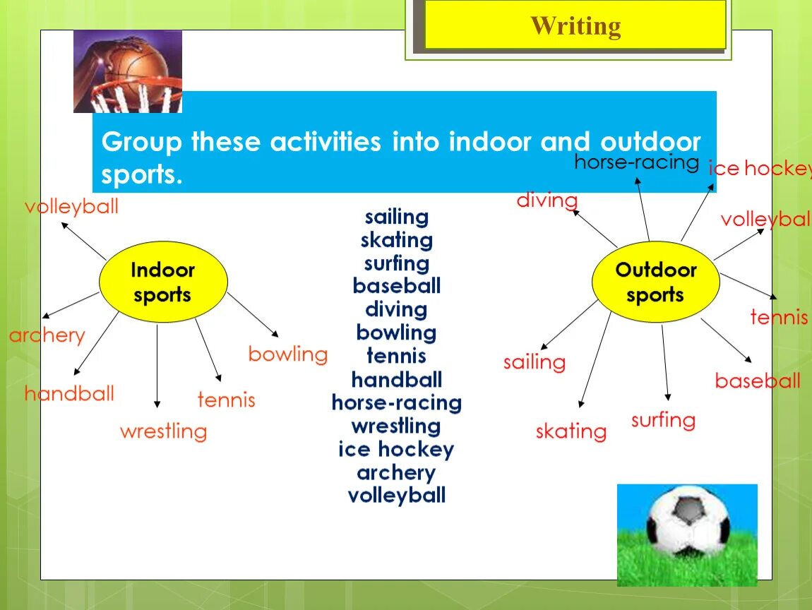 Which of these sports are indoor. Indoor and Outdoor activities. Indoor Sports Outdoor Sports. Group these activities into Indoor and Outdoor Sports.. Indoor activities Outdoor activities.