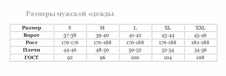 Рубашки, сорочки во Владивостоке РАЗМЕРНАЯ СЕТКА.