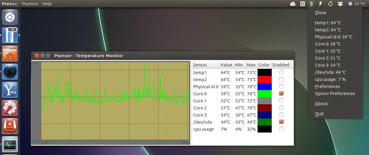 Temp call. Psensor. LM-sensors Ubuntu. Sensors Linux. Удаленный мониторинг температуры.
