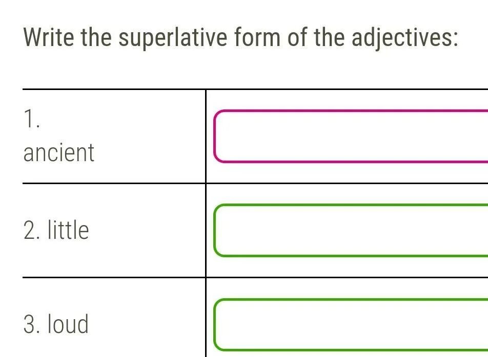 Write the Superlative form of the adjectives:. Ancient Superlative form. Write the Comparative form of the adjectives:. Loud Superlative form. Write the comparative form of these adjectives