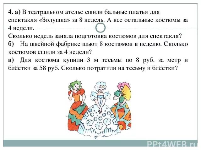 В театральной мастерской сшили для спектакля 12. Сшили 4 платья. Задача за сколько дней сошьют костюм. Портные сшили Золушке платье. В ателье сшили 26 платьев костюмов на 4.