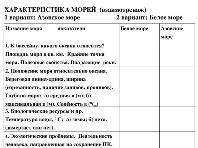 Моря таблица 8 класс география. Характеристика морей взаимотренаж 1 вариант Азовское море. Таблица характеристика морей. Сравнительная характеристика морей. Сравнительная характеристика морей России.