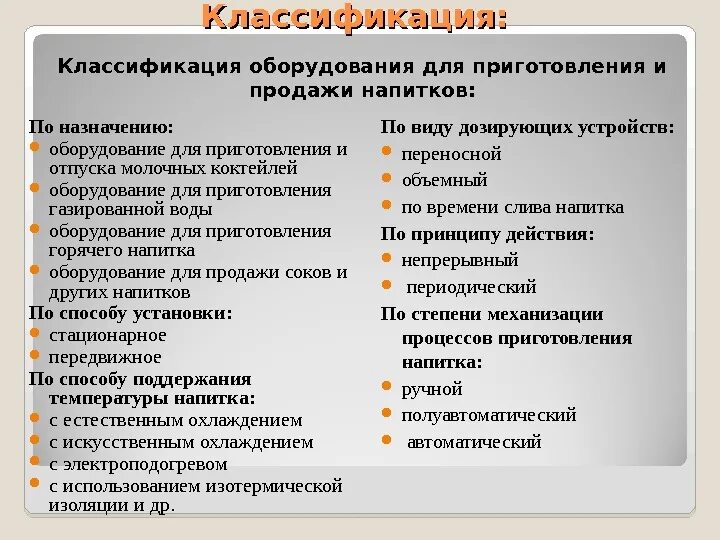 Виды назначения инвентаря. Классификация оборудования. Классификация оборудования для приготовления и продажи напитков. Характеристика оборудования для приготовления и продажи напитков. Классификация аппаратов для приготовления горячих напитков.