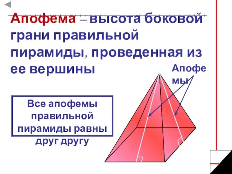 Как называется высота боковой грани. Пирамида геометрия апофема. Апофема грани шестиугольной пирамиды. Апофема правильной четырехугольной пирамиды. Апофема правильной треугольной пирамиды.