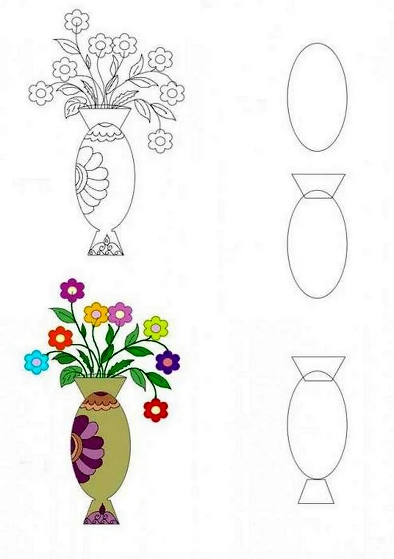Вазы поэтапно карандашом. Поэтапное рисование вазы с цветами. Цветы в вазе поэтапное рисование. Ваза с цветами карандашом для детей. Поэтапное рисование ваза с цветами.