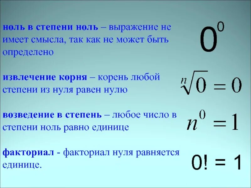 Всегда ноль. Чему равен 0 в степени 0. Нулевая степень числа чему равна. Возведение нуля в нулевую степень. Ноль в нулевой степени равно 1.