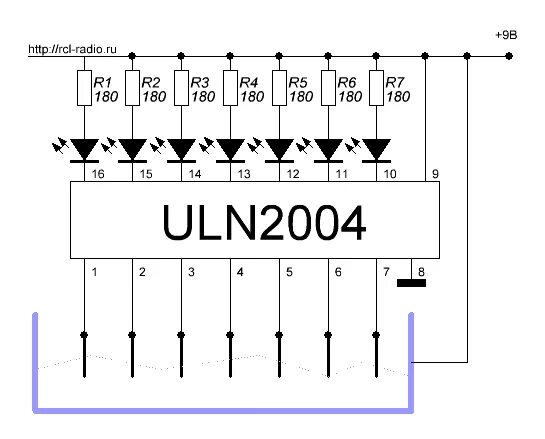 Url 2003. Индикатор уровня жидкости на микросхеме uln2003. сигнализатор уровня жидкости на uln2003. индикатор уровня воды на uln2004. uln2004a схема включения реле.