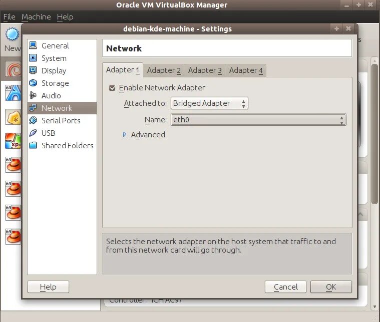 Virtualbox networking. Сетевой мост VIRTUALBOX. Bridged Adapter VIRTUALBOX. Network-Manager Debian. Создать Bridge Adapter.
