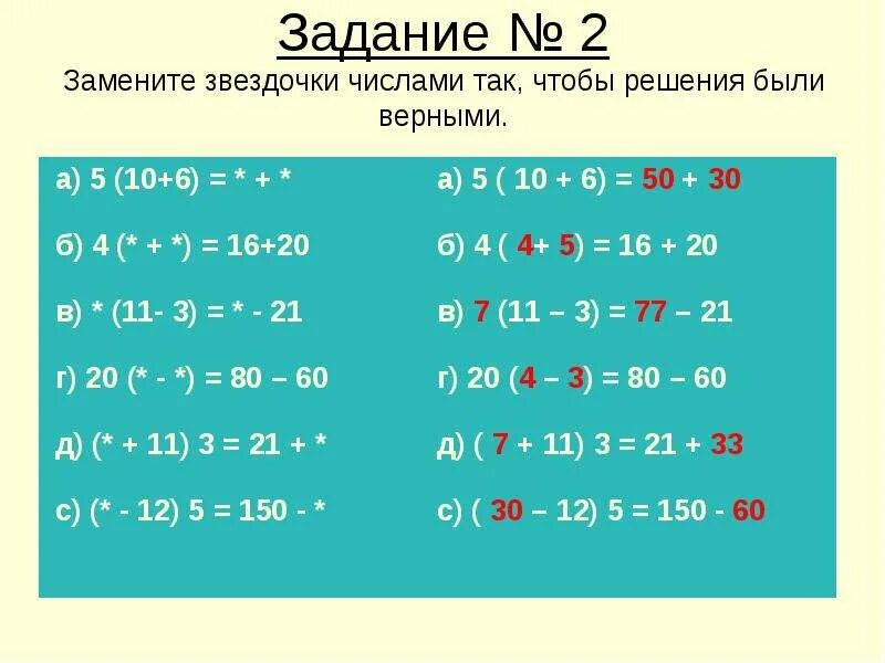 Примеры на распределительный закон умножения 5 класс применяя распространенные свойство умножения вынесите общий множитель за скобки