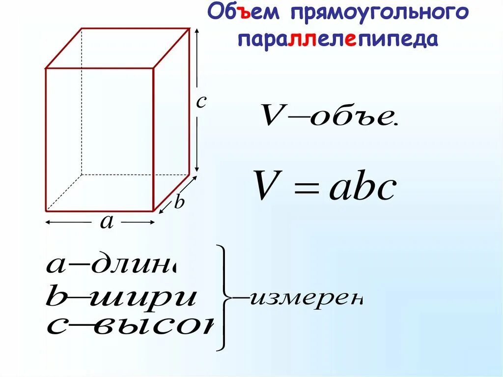 Объем прямоугольного пара. Объем прямоугольного параллелепипеда. длина ширина высота. параллелепипед длина ширина высота. длина ширина и высота прямоугольного параллелепипеда.