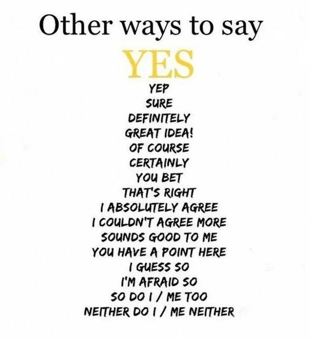 Words instead of word. Ways to say yes in english. ways to say yes. the words instead of yes.