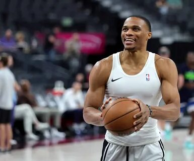 Russell Westbrook #0 of the Los Angeles Lakers shoots baskets before a pres...