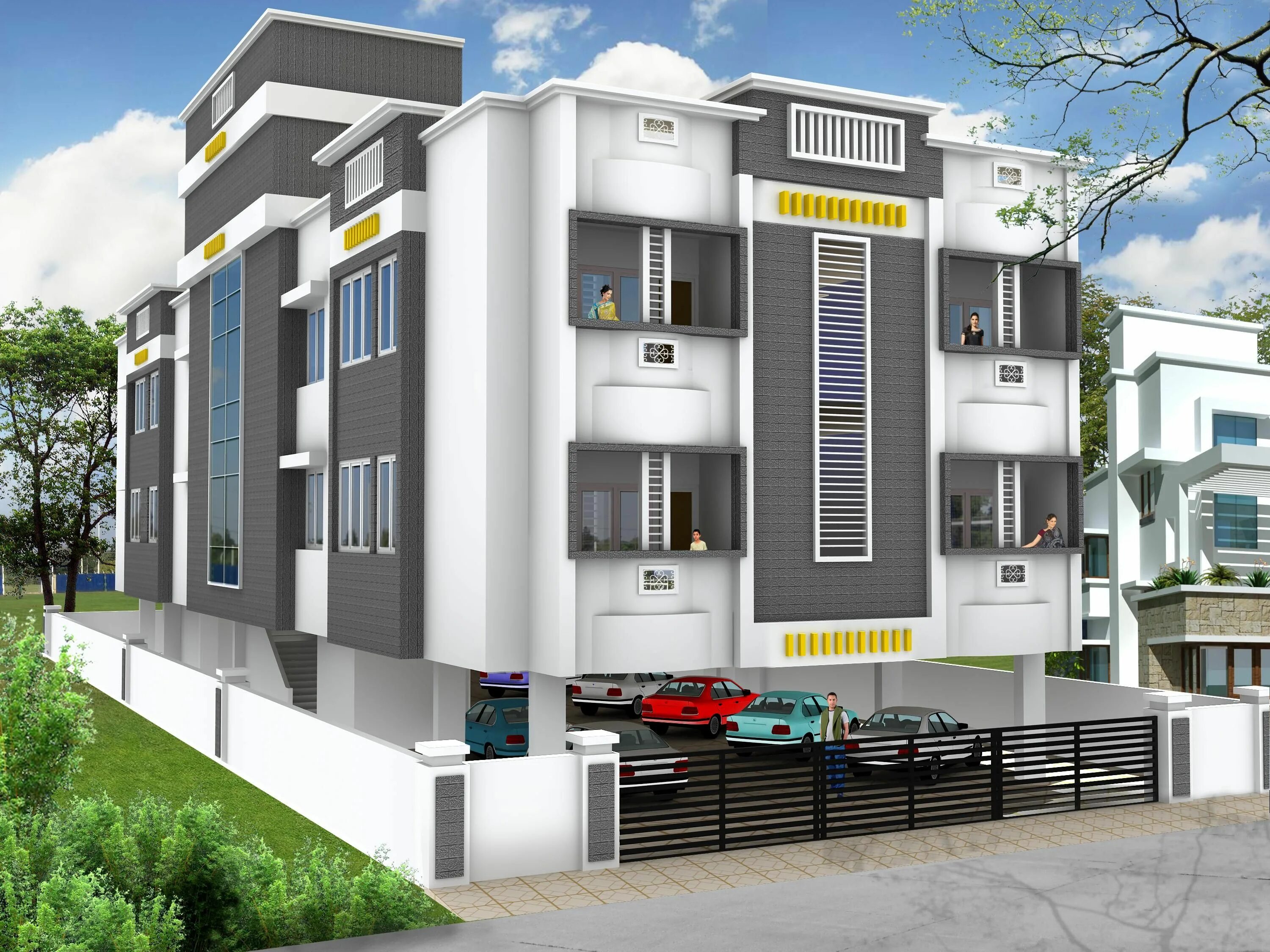 Three storey. Elevations. паркинг экстерьер. exterior building. ground floor multi-storey building plans.