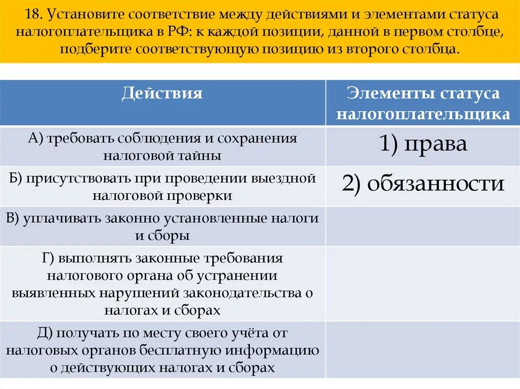 Действия и элементы статуса налогоплательщика. Установите соответствие между действиями и элементами статуса. Усьоновите соответствие между дейсты. Действия и элементы статуса налогоплательщика в РФ.